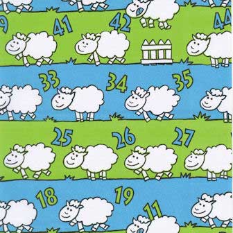Cadeaupapier schapen tellen blauw en groen op sterk wit papier.
 