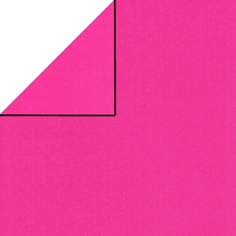 Inpakpapier voorzijde uni roze, achterzijde uni roze op sterk geribbeld mat papier.
 