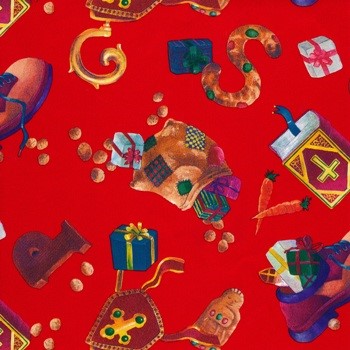 Sinterklaas cadeaupapier, rode achtergrond met snoepgoed, mijter, staf en schoen op glanzend papier.
 